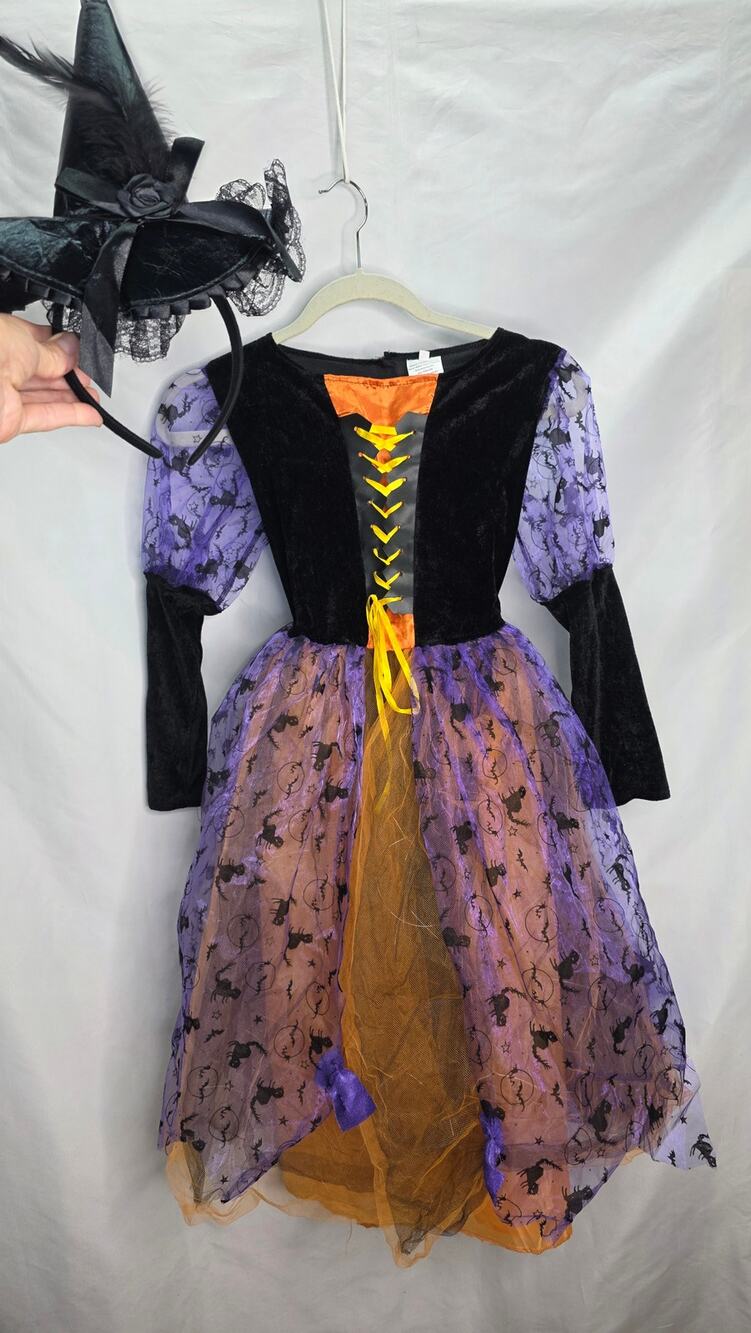 Light Up Witch Costume With Head Band Hat Girls L Purple Orange Halloween Dress